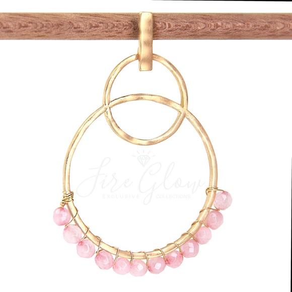 Rose Quartz Bead Gold Tone Tiered Hoop Earrings - Picture 2 of 10